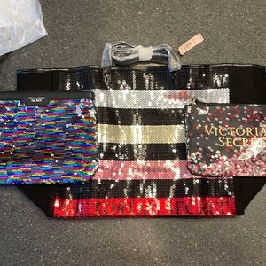 3 Victoria Secret Bags for 1 shipping. 1 Sequin Tote and 2 Sequin makeup bags.